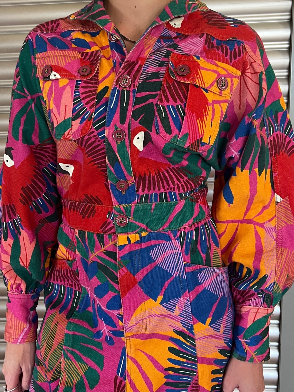 Farm Rio Macaw  Twill Jumpsuit Tropical Parrot XS - Picture 2 of 10